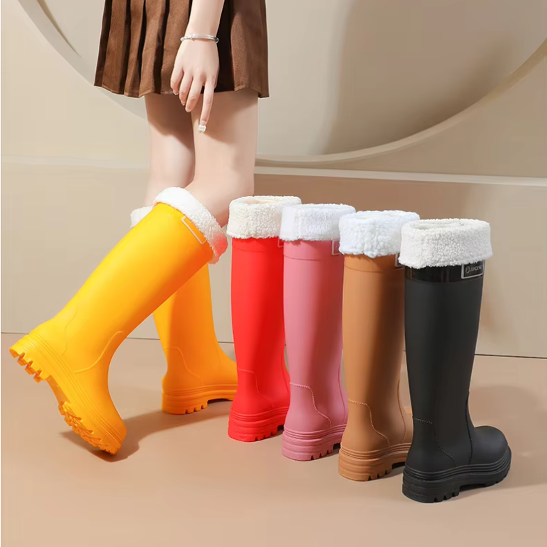 multi-color-women-fleece-lined-tall-pvc-rain-boots-warm-waterproof-non-slip-wellies